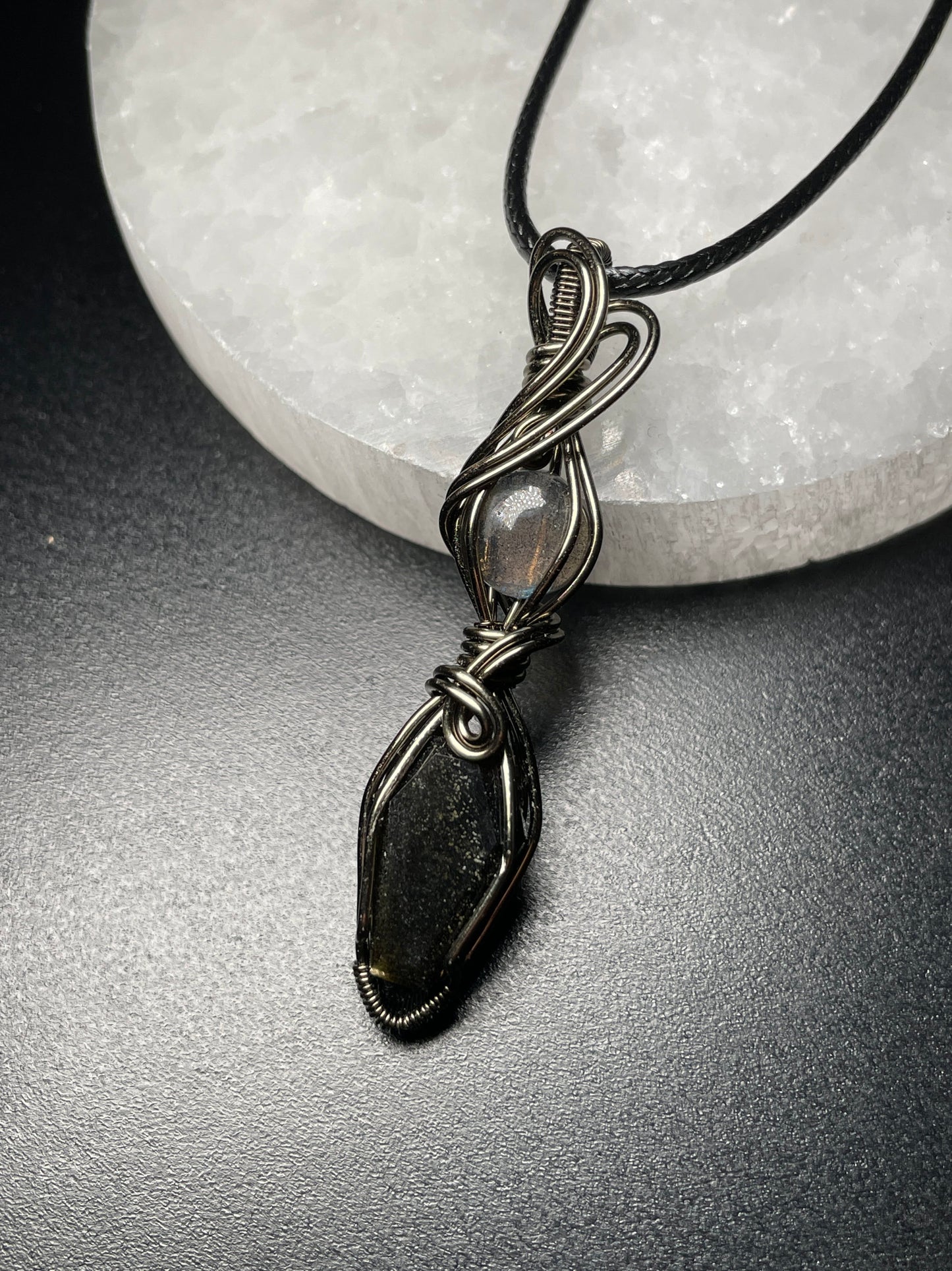 Coffin shaped gold sheen obsidian & mini labradorite pendant