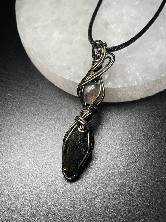Coffin shaped gold sheen obsidian & mini labradorite pendant