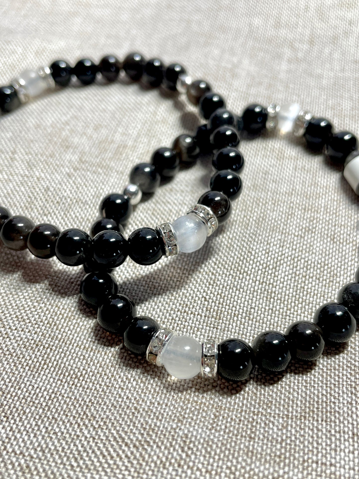 Silver obsidian + selenite gemstone bracelets