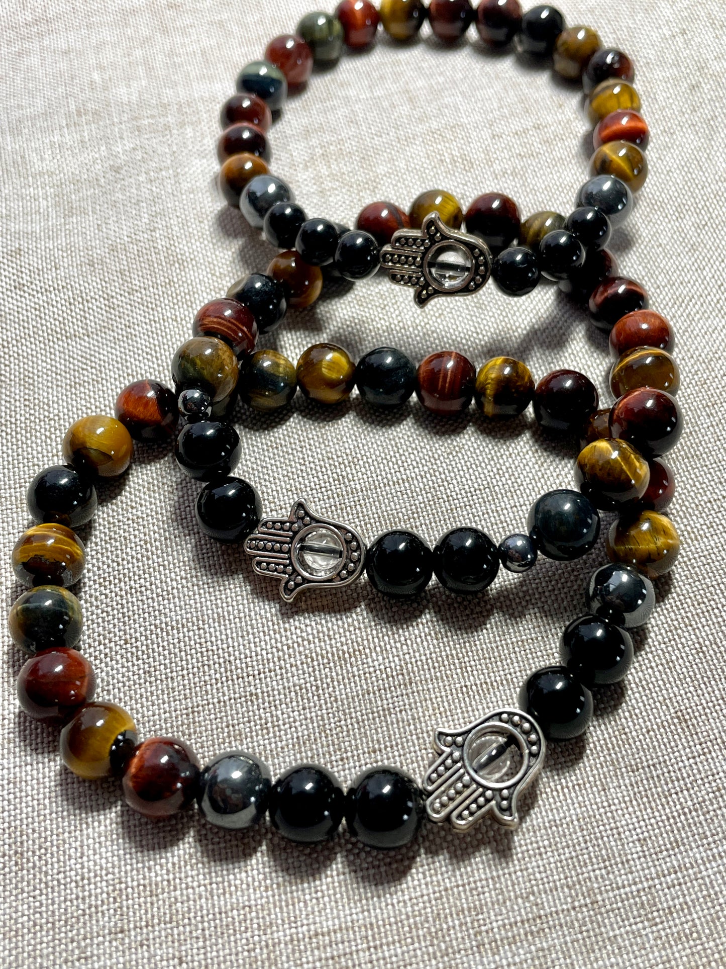 Mixed tigers eye, black tourmaline, hematite 8mm w/ hamsa hand gemstone bracelet