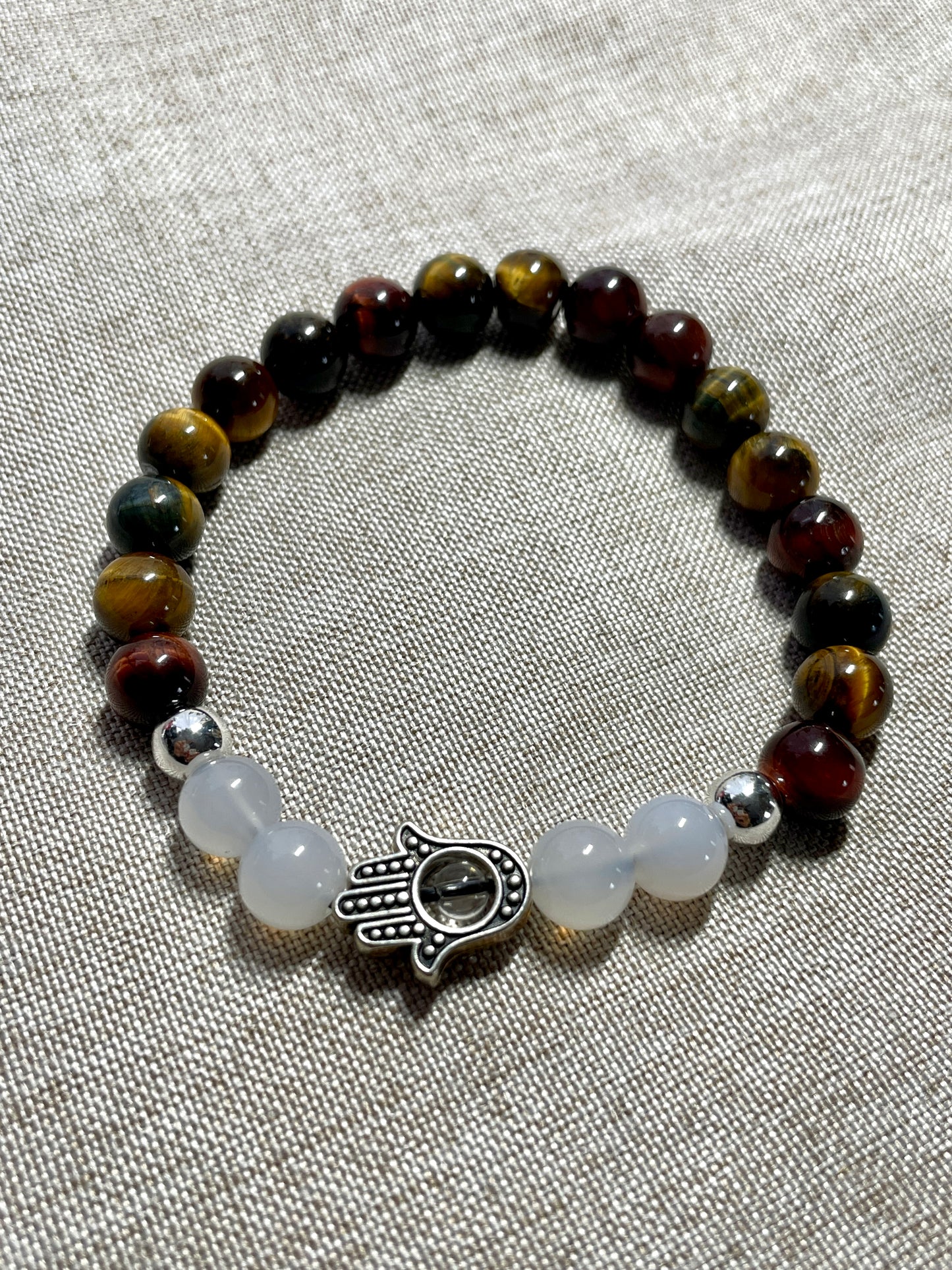 Mixed tigers eye, black tourmaline, hematite 8mm w/ hamsa hand gemstone bracelet