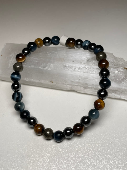 Mixed tigers eye, pyrite, hematite gemstone bracelet