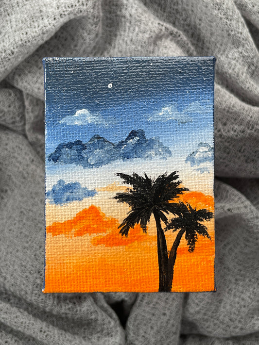 "Orange sunset & palm tree" mini acrylic paintings