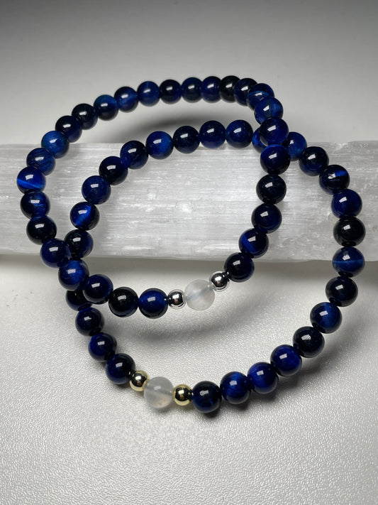 Blue tigers eye + selenite gemstone bracelets