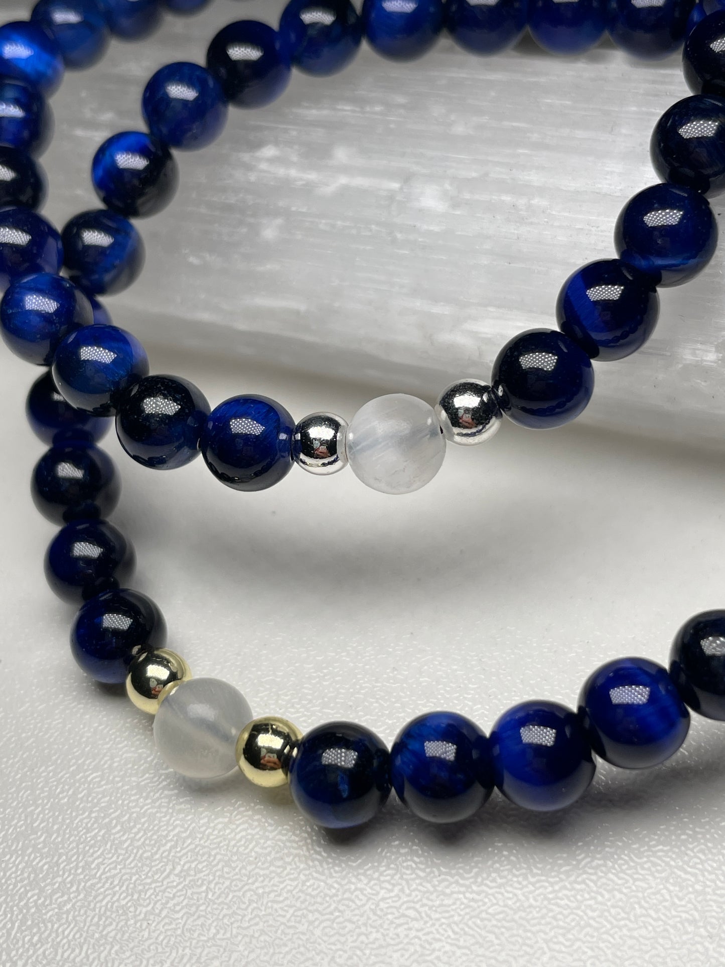 Blue tigers eye + selenite gemstone bracelets