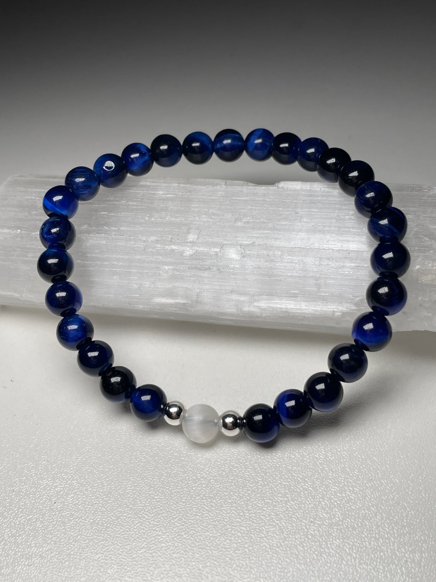 Blue tigers eye + selenite gemstone bracelets