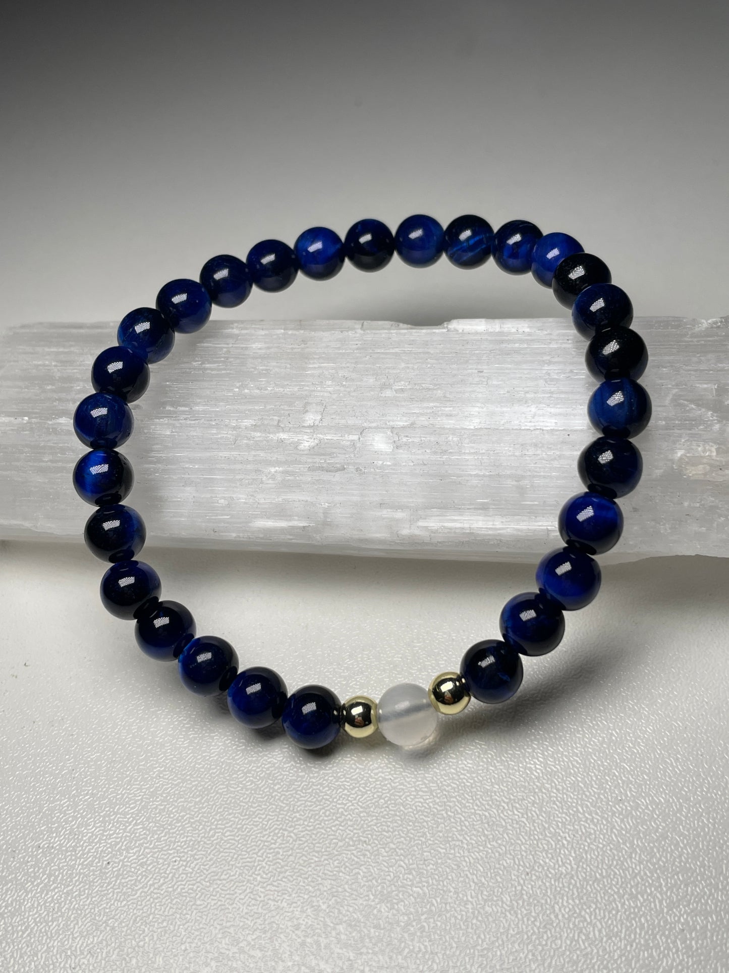 Blue tigers eye + selenite gemstone bracelets