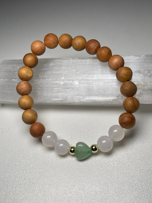 Sandalwood, white agate, and green aventurine gemstone stretch bracelet