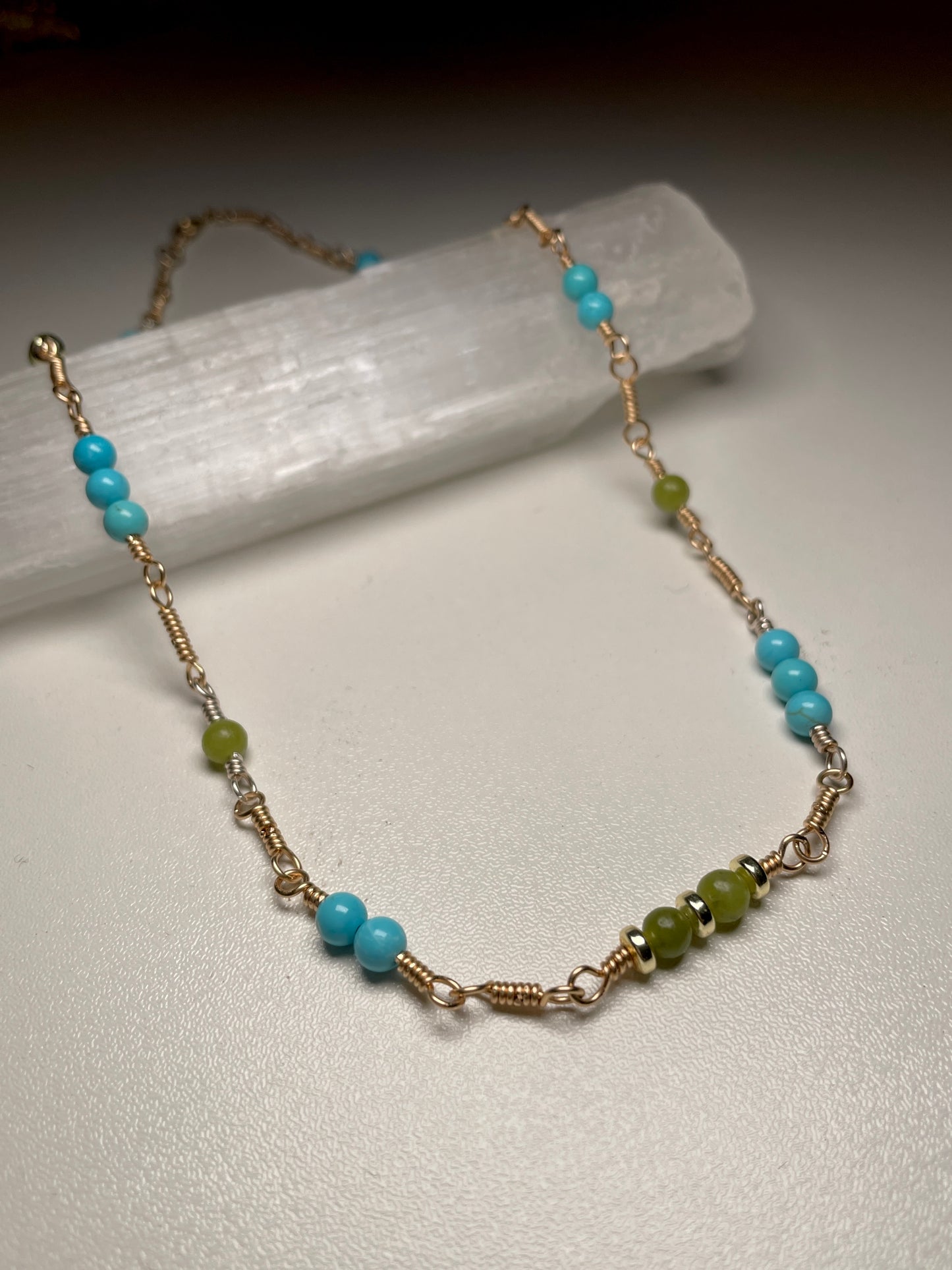 Dainty turquoise and nephrite jade 14k gold filled necklace