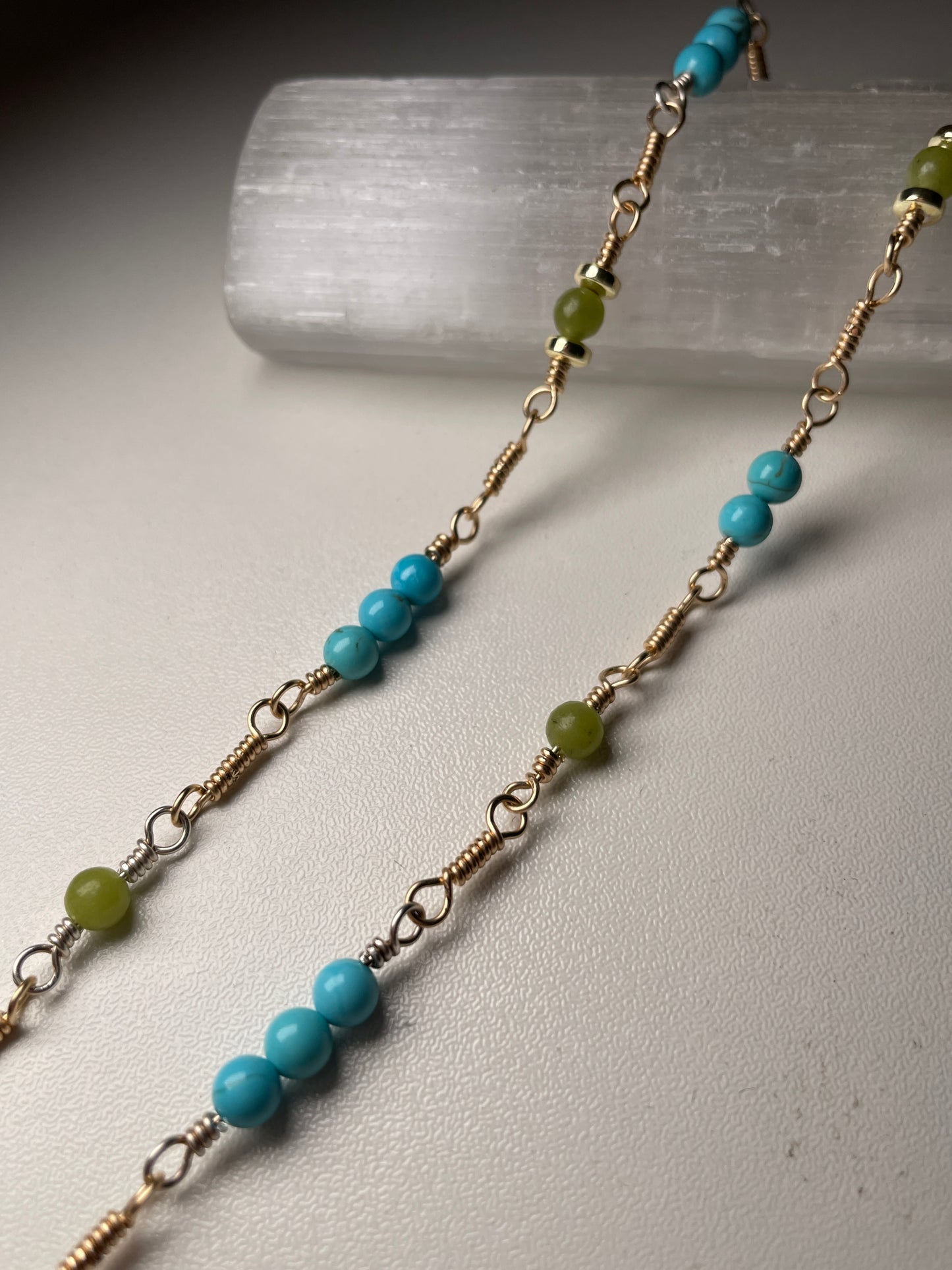 Dainty turquoise and nephrite jade 14k gold filled necklace