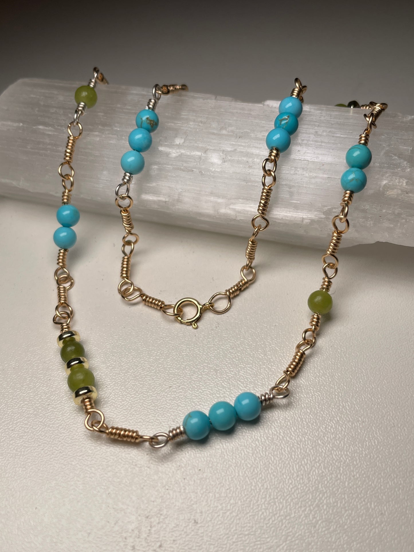 Dainty turquoise and nephrite jade 14k gold filled necklace