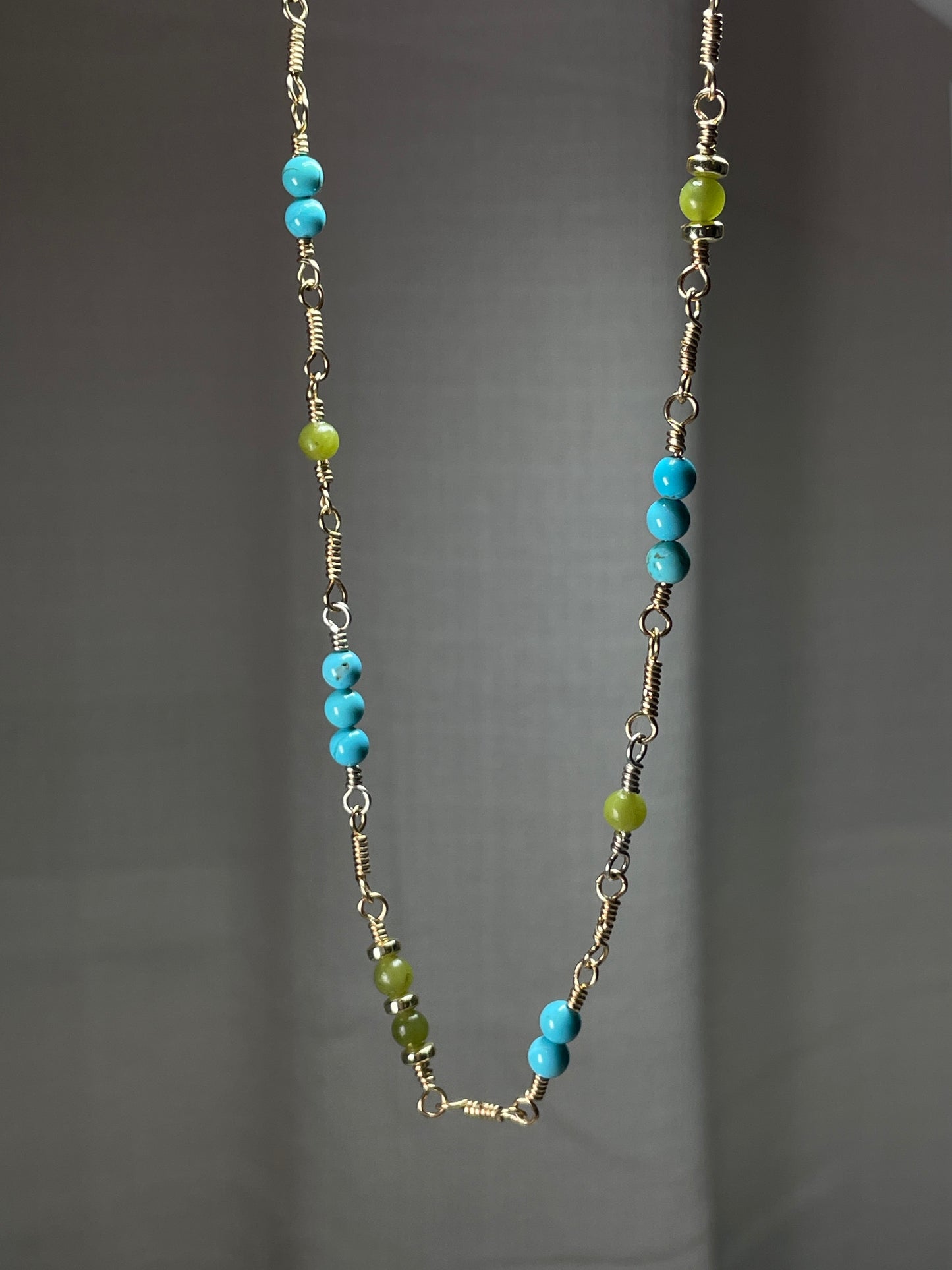 Dainty turquoise and nephrite jade 14k gold filled necklace