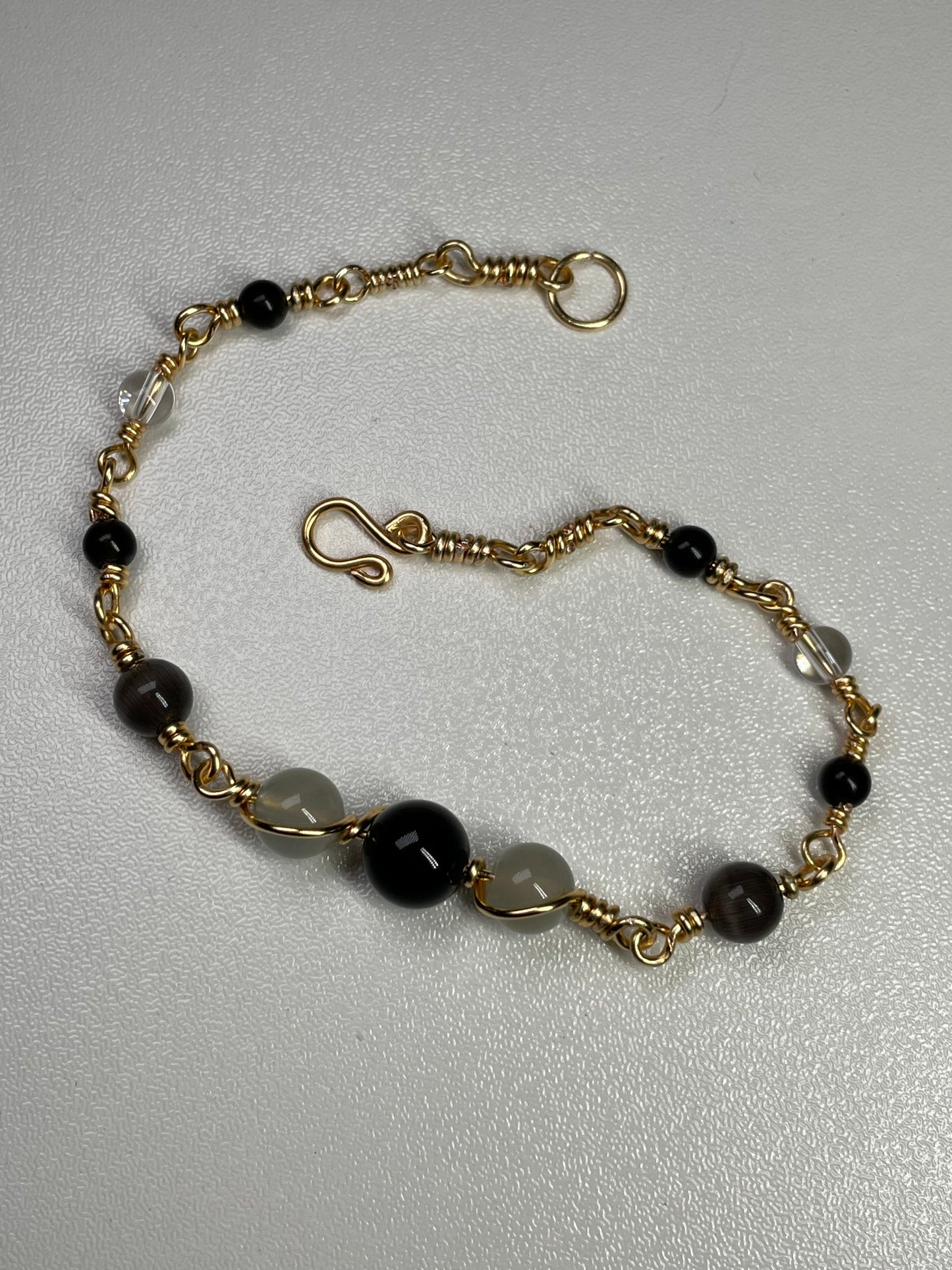 Black obsidian & gray moonstone wire bracelet